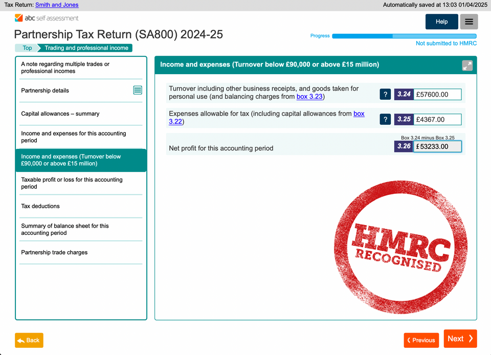 ABC SA800 Partnership tax return